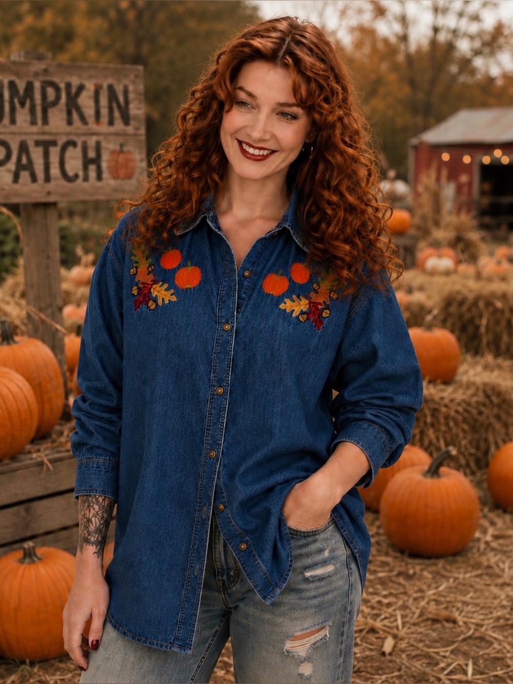 VTG Cherokee Embroidered Oversized Denim Shirt Pumpkin Fall Leaves Button Up XXL